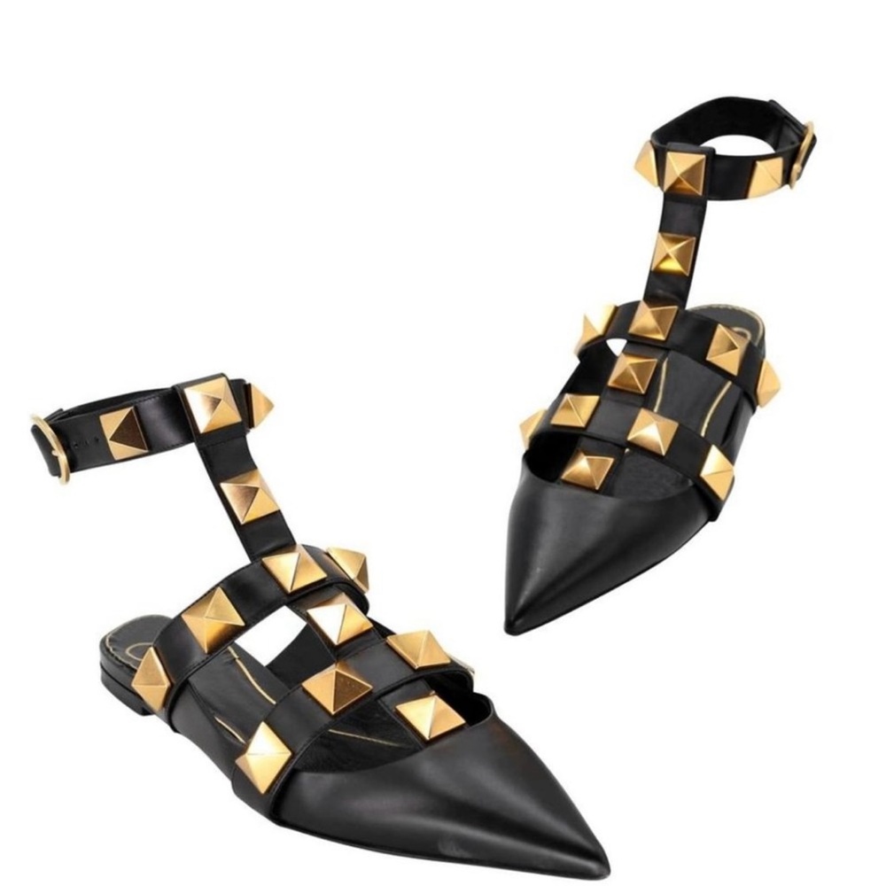 Valentino Garavani Black Pointed-Toe T-Strap Flats with Gold Studs